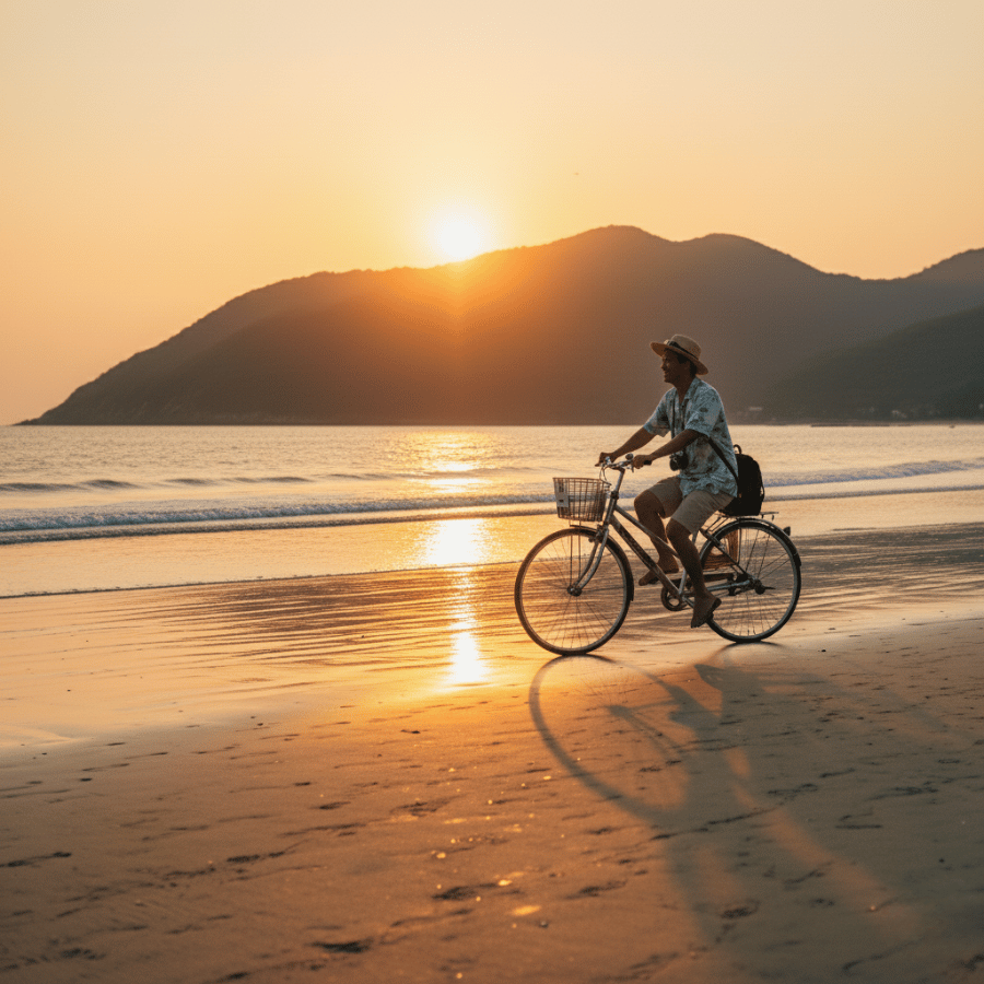 Du khách đạp xe trên bãi biển Sơn Trà lúc hoàng hôn